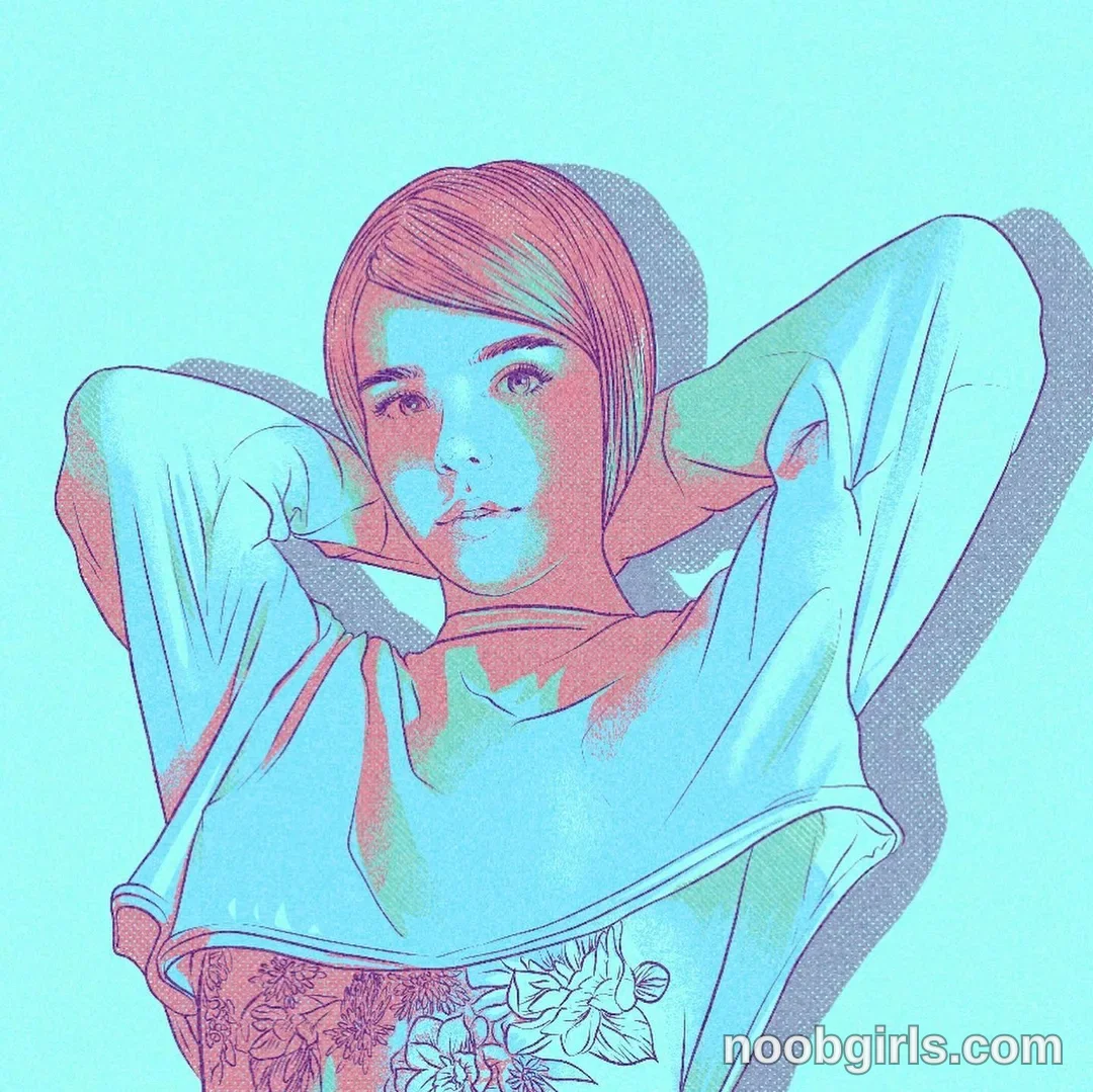 Lain holding hands behind head wearing light blue crop top in studio backdrop