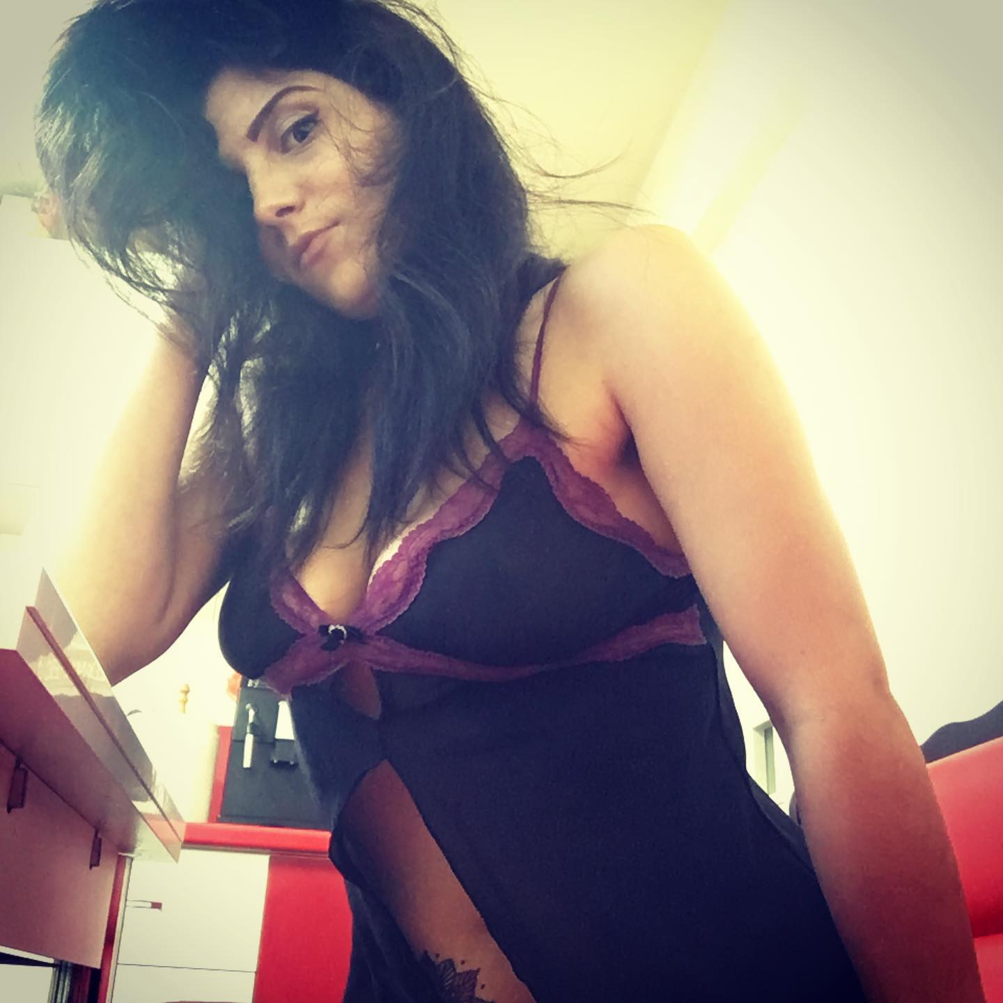 anaworld69 wearing black lingerie with purple lace