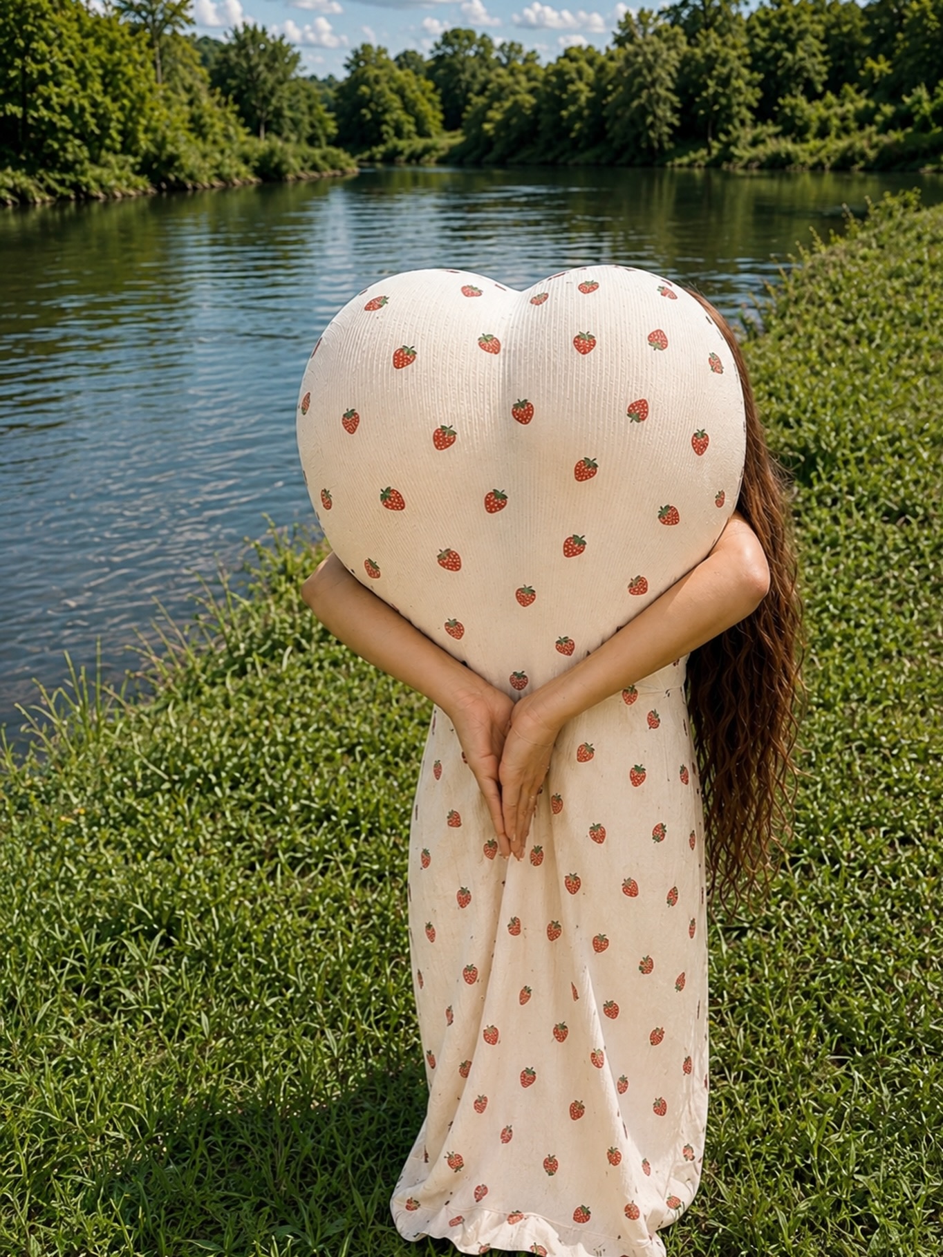 anny54784 holding a heart cushion wearing white strawberry print dress in grassy riverbank
