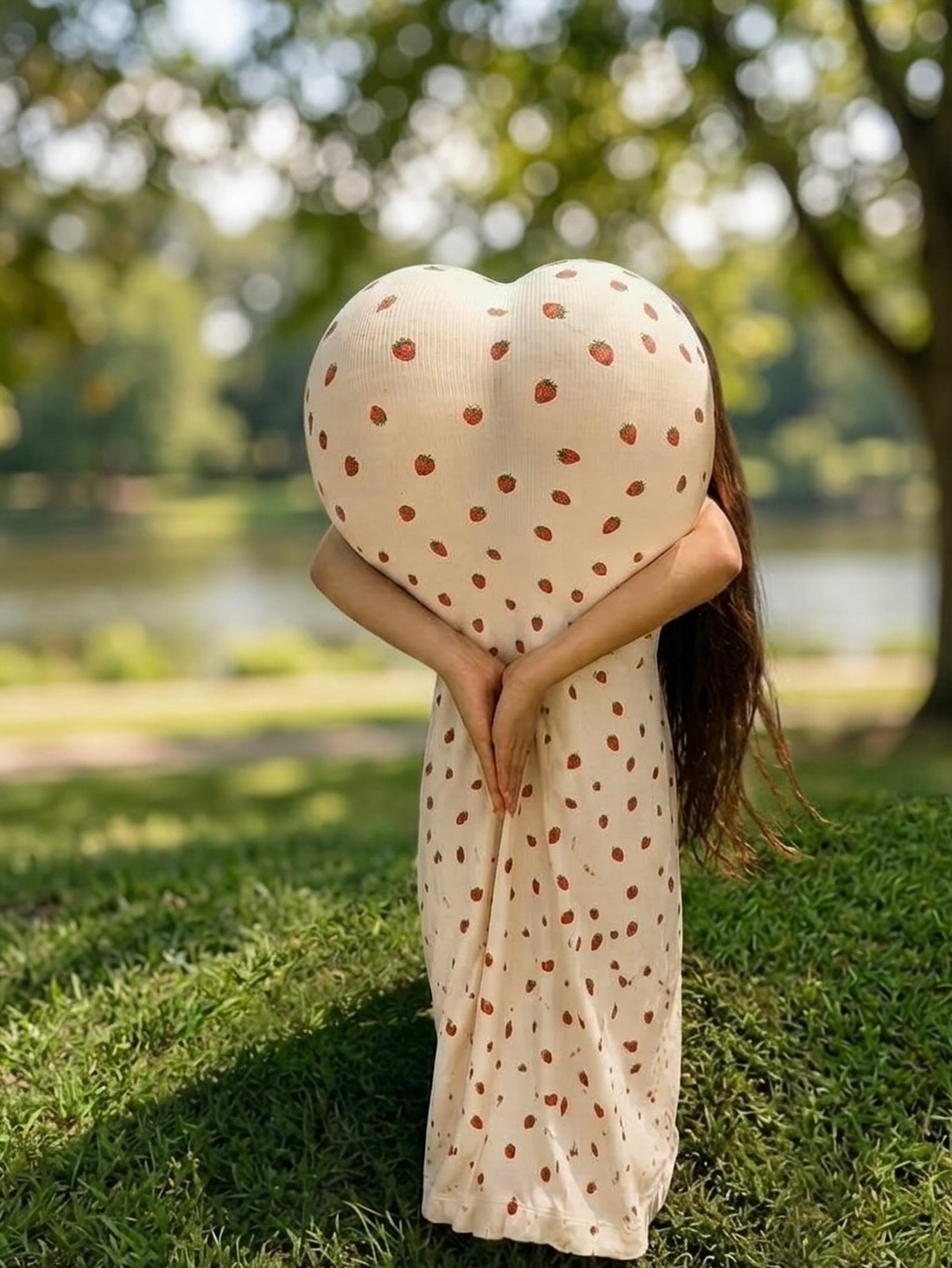 anny54784 standing on grass holding dress stretched in heart shape wearing strawberry pattern cream dress in park
