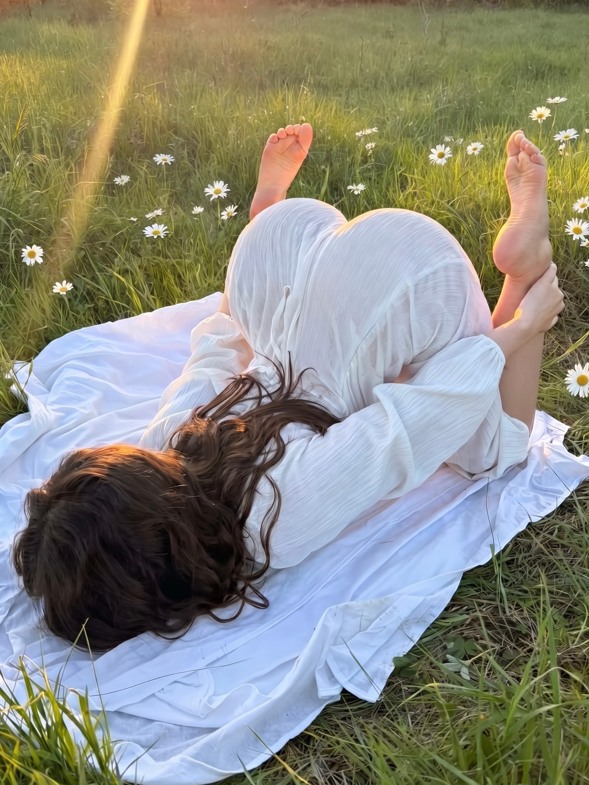 anny54784 lying on grass with feet raised wearing white dress in grassy field