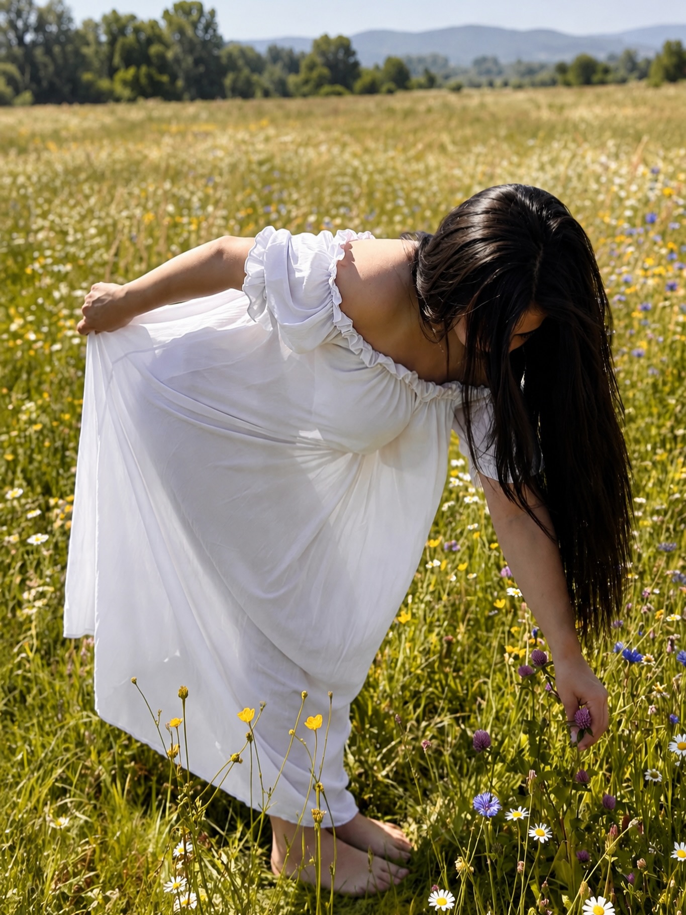 anny54784 picking flowers wearing white off-shoulder dress in wildflower meadow