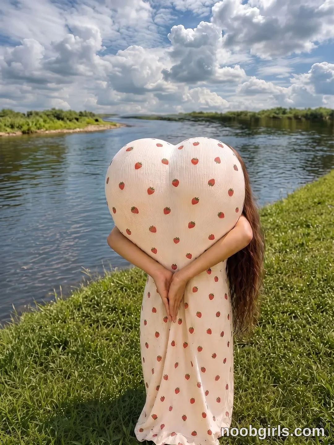 Anny Standing on the grass wearing Pale pink ankle-length dress with a red strawberry print and a ruffled hem