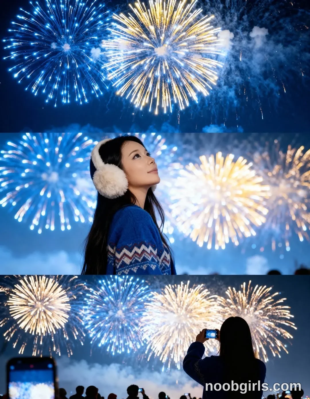 Bae Bae Looking upward in the middle panel; holding a smartphone horizontally toward the fireworks in the bottom panel.