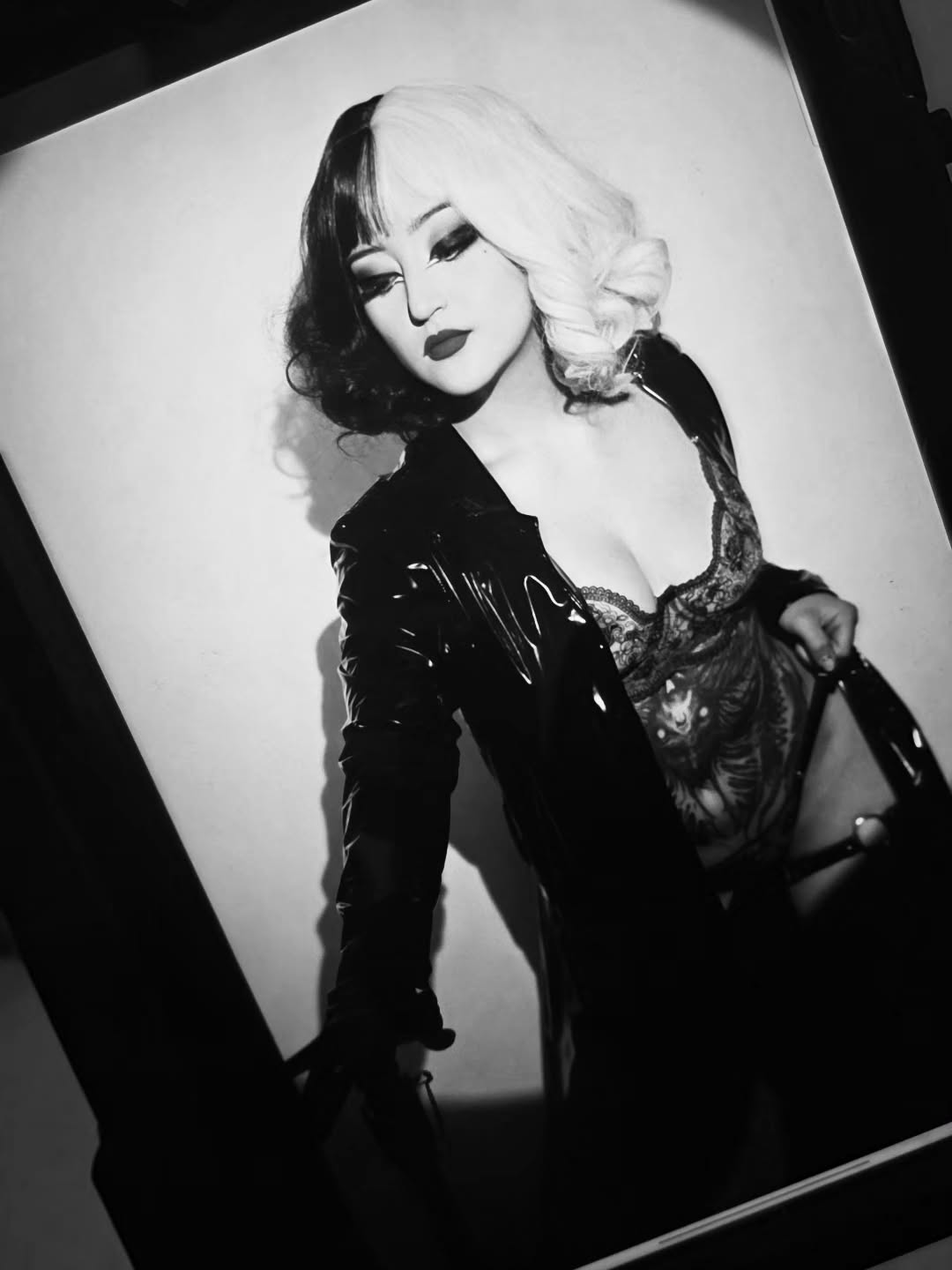 charlotte_germanotta_ wearing black vinyl jacket in studio