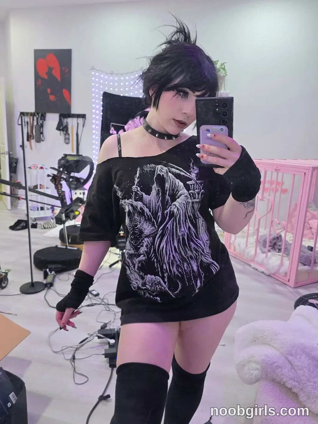 Crimson Kitten standing in front of a mirror