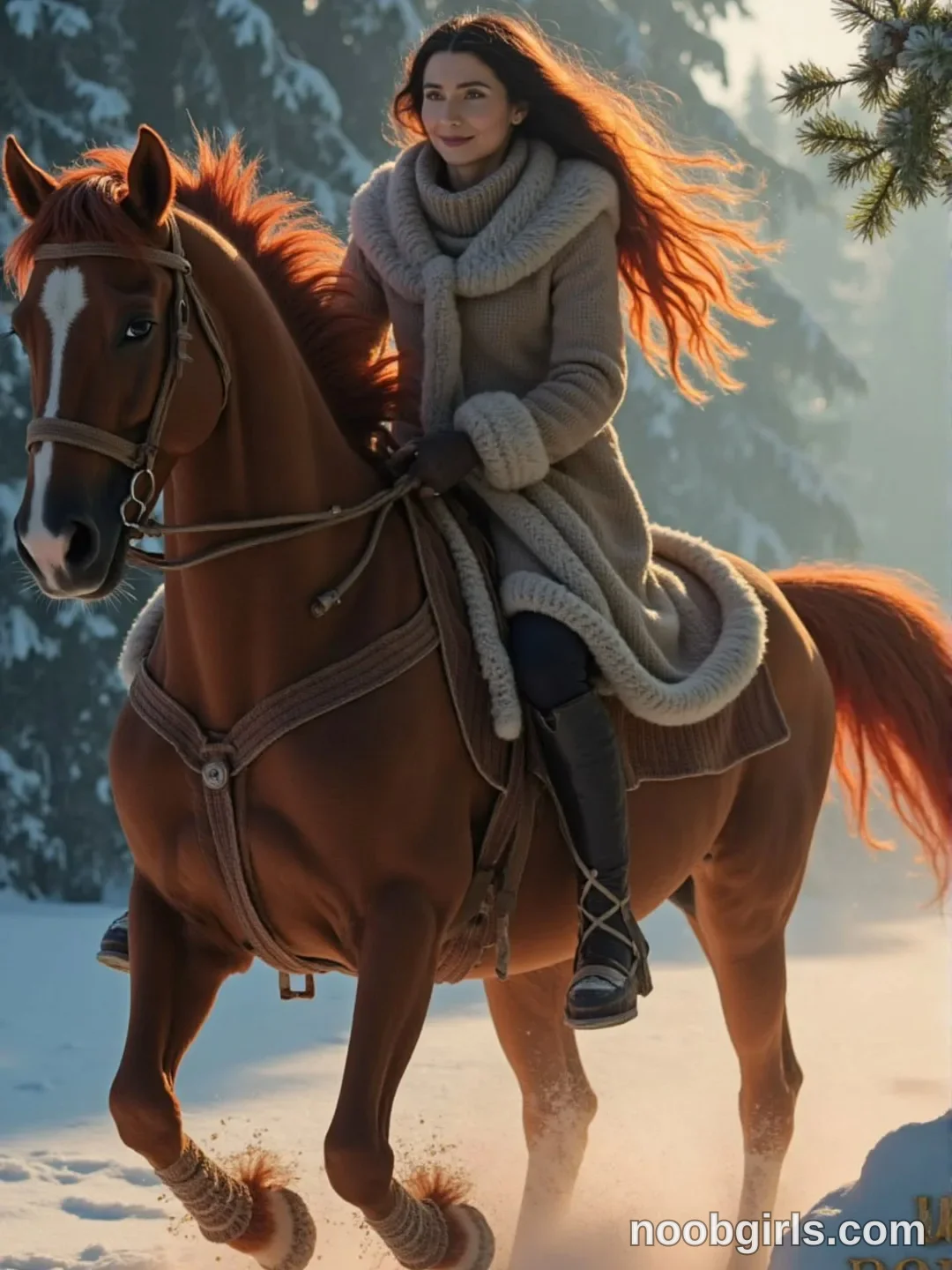 crystalnut riding a horse wearing beige knit coat in snowy forest