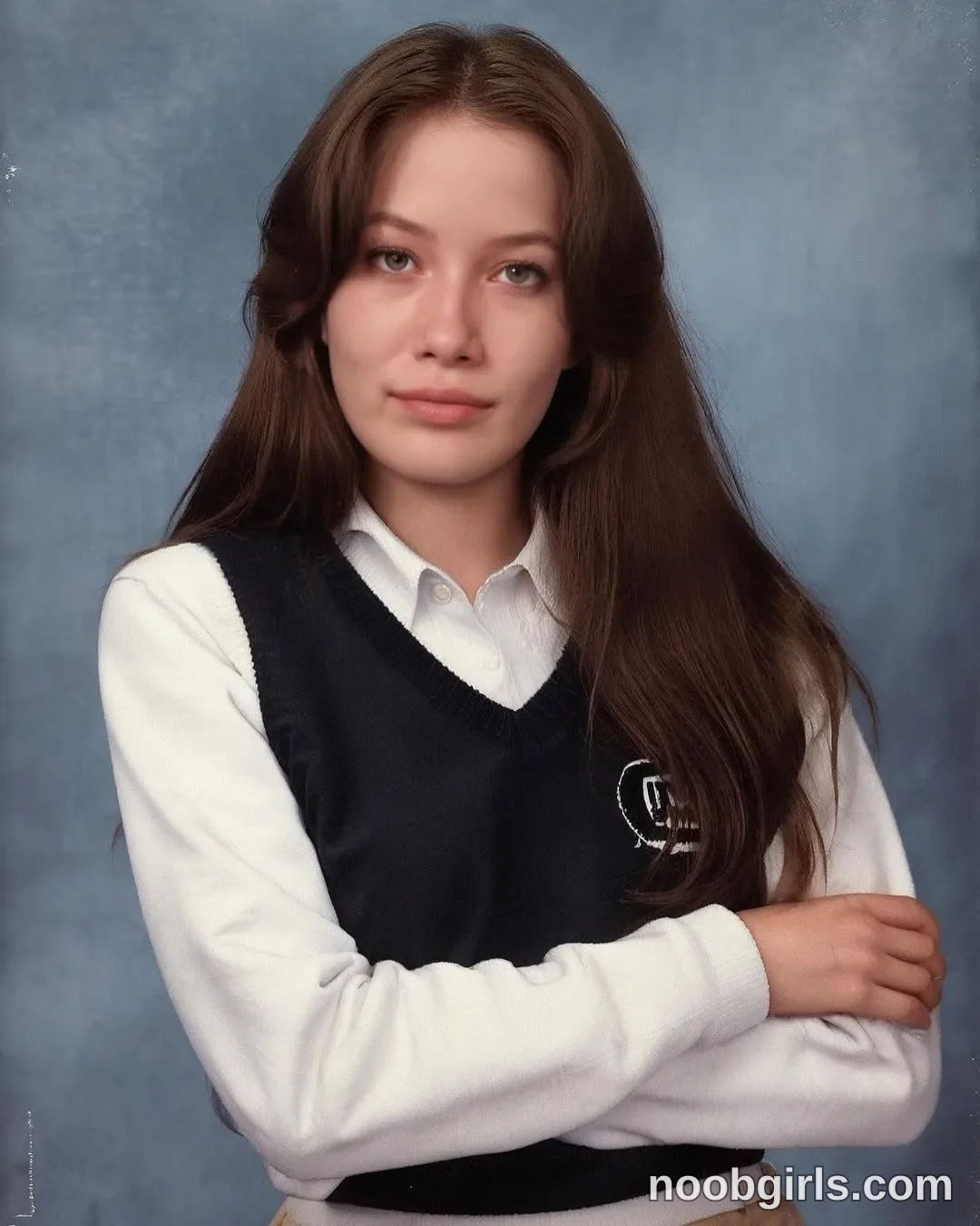 Eff Facing the camera with her arms crossed in front of her torso wearing White long-sleeved collared button-up shirt
