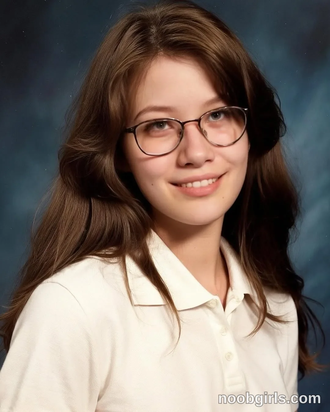 Eff Facing the camera with her head slightly tilted wearing White collared polo shirt with buttons in portrait setup