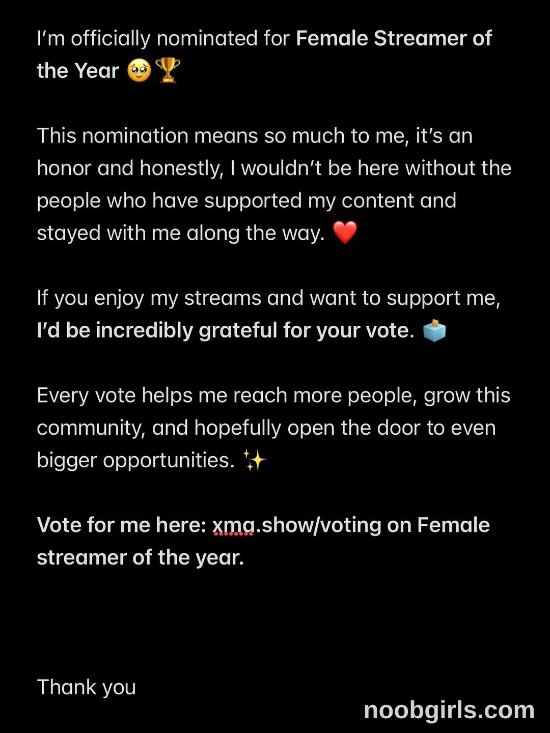 Evelyne No person visible; text announces a Female Streamer of the Year nomination