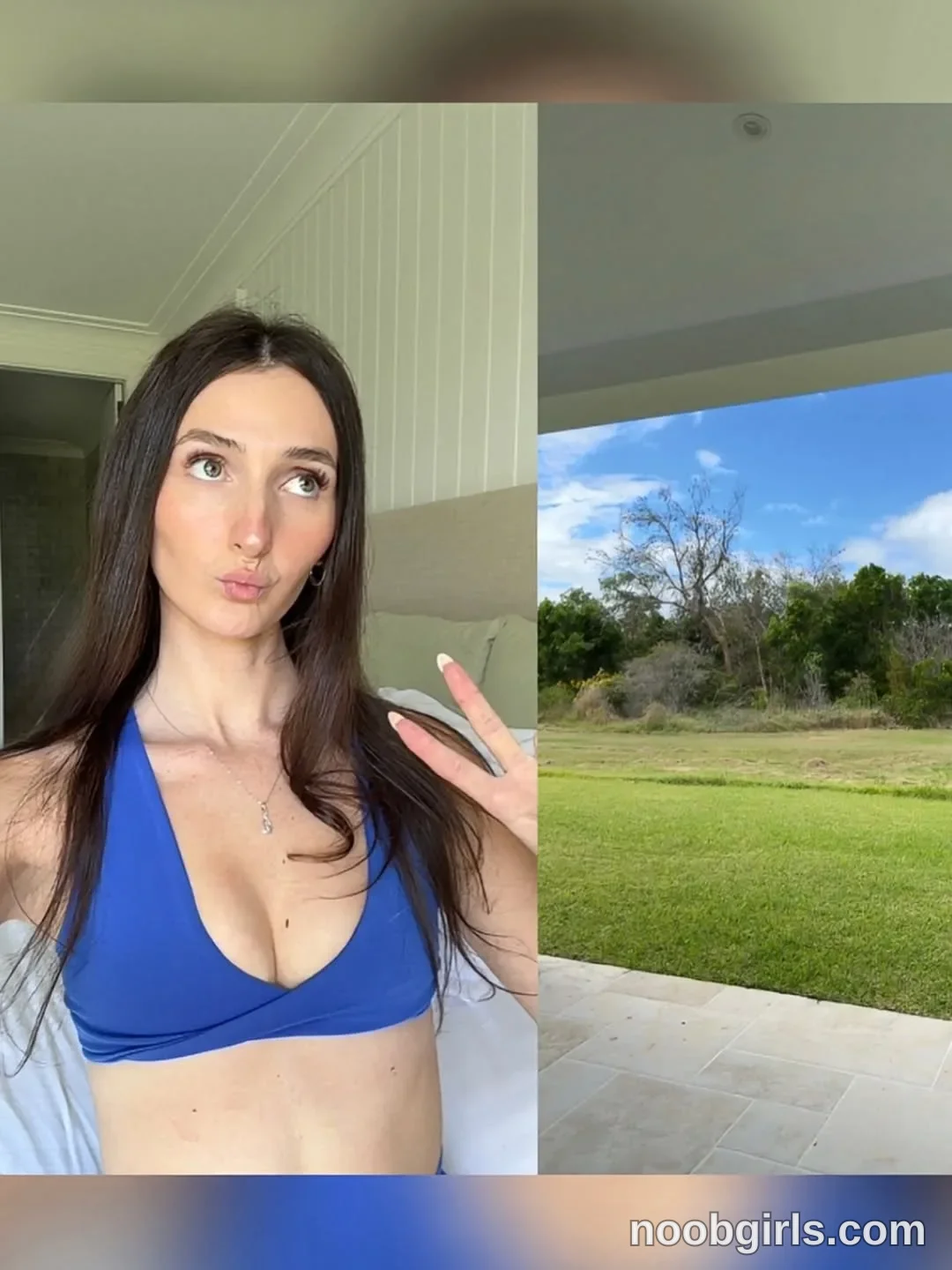 Kelsey jade wearing Blue halter-style top in residential room