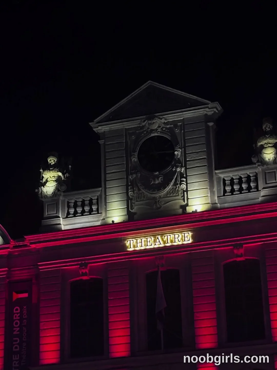 Queen Pinky none (no person visible) in exterior of a theatre building at night at Théâtre du Nord, Lille, France