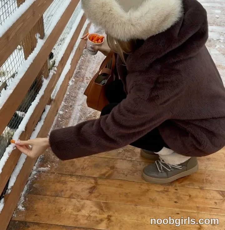 tastypoint crouching on a wooden boardwalk wearing dark brown plush faux fur hooded coat